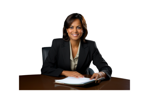 Indian businesswoman smiling at desk