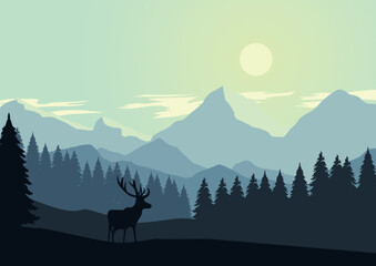 Mountains and pine forests with deer. Vector illustration in flat style.