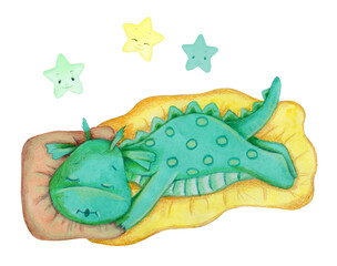 Cute cartoon green baby dragon sleeping on a mat. Watercolor hand drawn illustration for any design works. 
