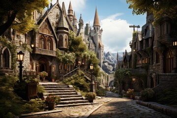A street with old fairy-tale houses - obrazy, fototapety, plakaty