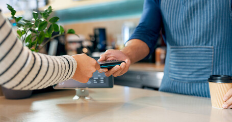 Credit card, machine or hands of customer in cafe with cashier for shopping, sale or checkout....