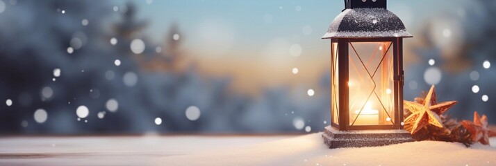 3D illustration Fantasy magic lantern with burning candle outdoors and Decorated Christmas. Romantic banner with snow and dark magic copy space