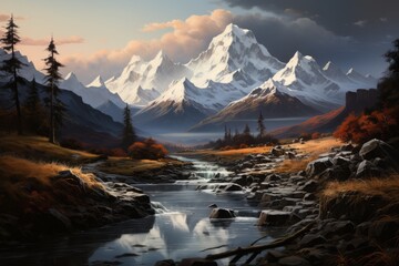 Mountain landscape snowy peaks tranquil majestic - Powered by Adobe