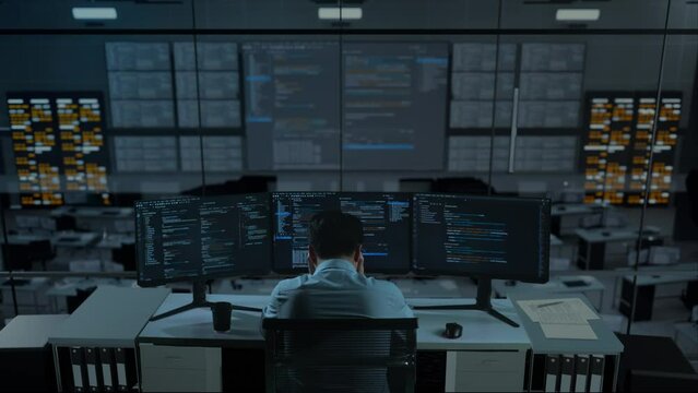 Back View Of Asian Man Developer Having Headache While Write Code With Multiple Computer Screens In The Office
