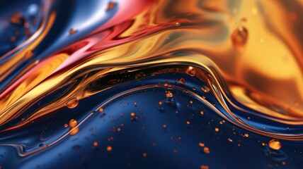 The close up of a glossy liquid surface abstract in navy blue, golden yellow, and deep red colors with a soft focus. 3D illustration of exuberant. generative AI - obrazy, fototapety, plakaty