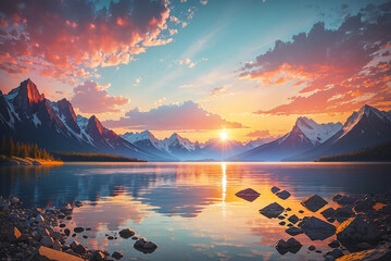 lake sunrise mountain - obrazy, fototapety, plakaty
