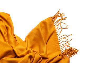 Yellow wool scarf isolated on white background. Comfortable bright clothes for the cold autumn-winter season.