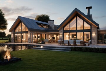 Obraz premium Free Photo modern house with garden in the park, beautiful view and luxury villa 