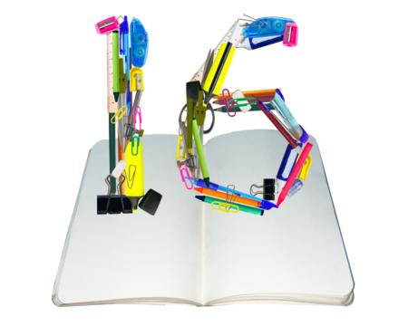 The shape of the number 16 is made of various kinds of stationery isolated on transparent background