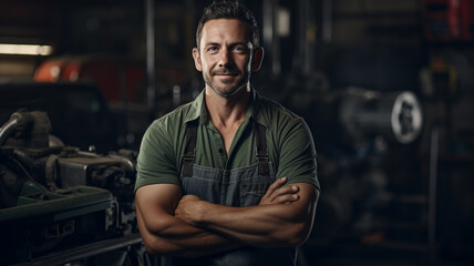 mechanic crossed arms and smile in garage