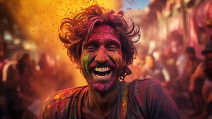 Indian man, Holi festival, Phagwah, Bhojpuri, multi-colored powder , festival of colors - obrazy, fototapety, plakaty