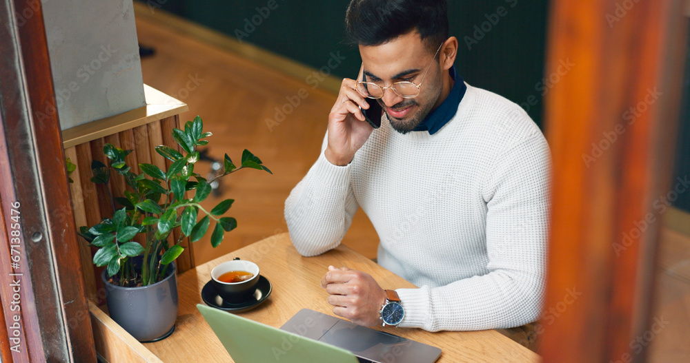 Aufkleber Man, phone call and computer at cafe for remote work, communication and planning or talking of website design. Freelancer on mobile, chat and laptop for internet at coffee shop or restaurant above