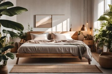 cozy spacious bedroom with a large bed, with large windows to the floor, minimalism, glorious morning, warm colors