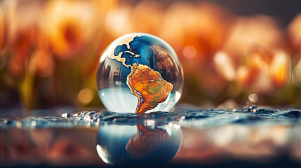 A glass globe on a table with the world on it