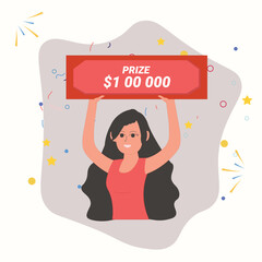 Lucky girl win lottery. Huge money prize in lottery, Happy winner holding bank check for million dollars , Vector illustration , Girl won competition