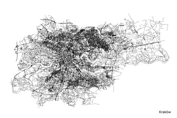 Cracow city map with roads and streets, Poland. Vector outline illustration. - obrazy, fototapety, plakaty