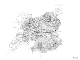 Rennes city map with roads and streets, France. Vector outline illustration.