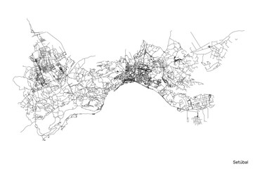 Setúbal city map with roads and streets, Portugal. Vector outline illustration.