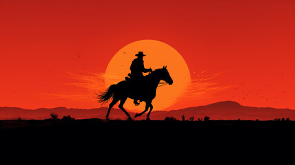 Silhouette of a cowboy riding a horse during sunset
