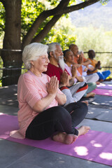 Focused diverse group of senior friends practising yoga in sunny garden, copy space