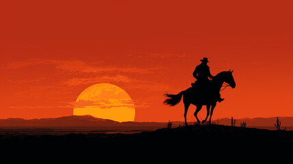 Fototapeta na wymiar Silhouette of a cowboy riding a horse during sunset