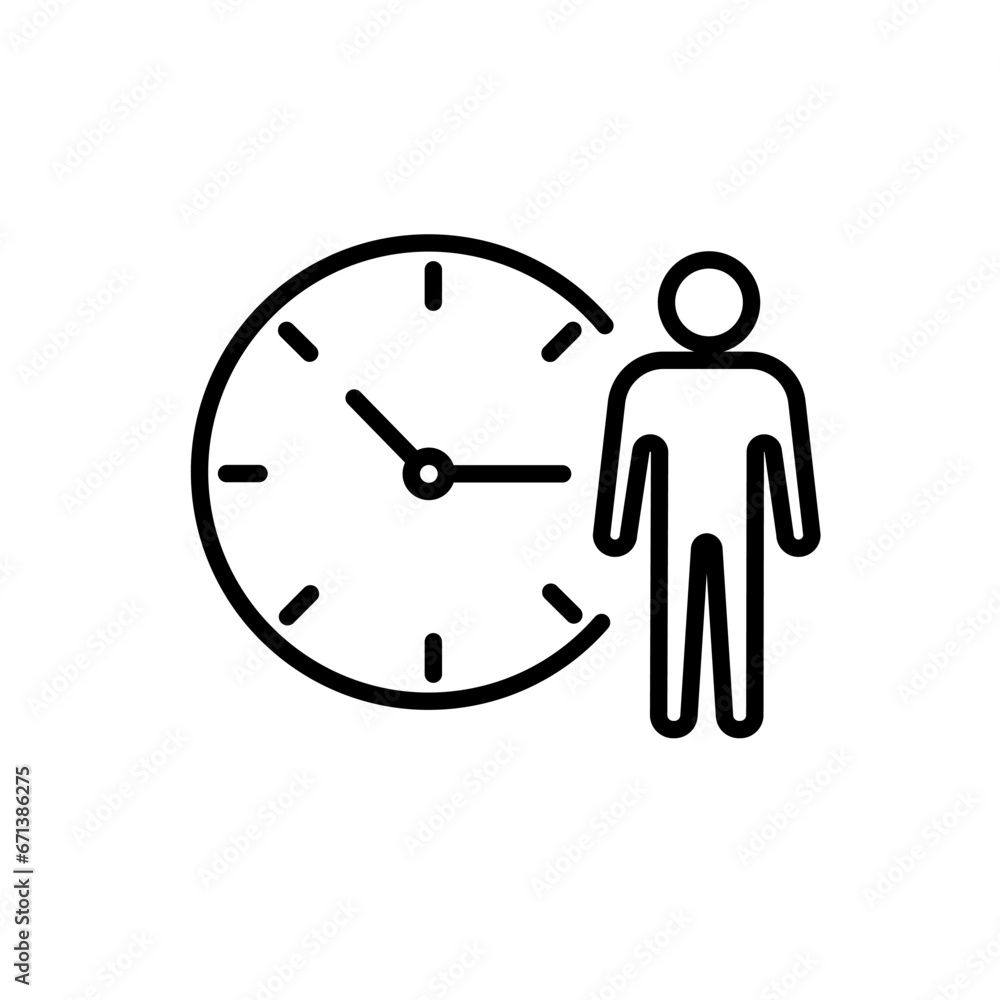 Poster waiting time icon. human with clock symbol in linear style. time symbol, clock and human vector icon