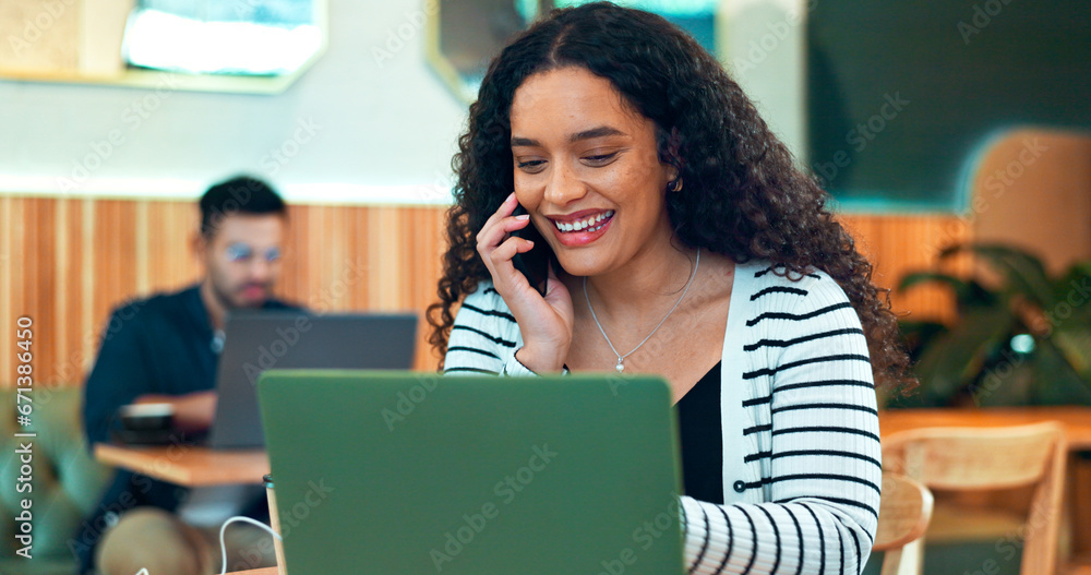 Poster woman, phone call and laptop in cafe for remote work, communication or networking for business with 