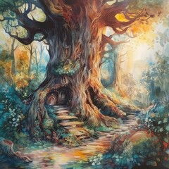 Fantasy illustration of a house in the forest with an old tree