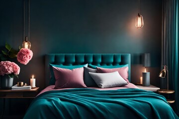 Bedroom interior. Art deco style. Design with green pink and gold color.3d rendering