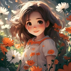 Illustration of cute girl among cartoon flowers
