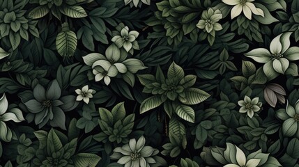  a close up of a bunch of flowers with green leaves on a black background with a white flower in the center.  generative ai