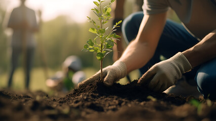 Environmental care team planting trees, world environment day concept. - obrazy, fototapety, plakaty
