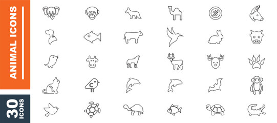 Animals Outline Icons Pack. Set of Animal icons. Isolated on White background. Vector illustration.