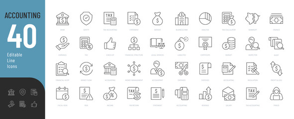 Accounting Line Editable Icons set. Vector illustration in thin line modern style of financial calculations related icons: taxes, budget, financial profit, audit, and more. Isolated on white.