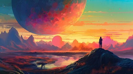 Fantasy landscape with a man standing on the edge of a cliff and looking at the planet - obrazy, fototapety, plakaty