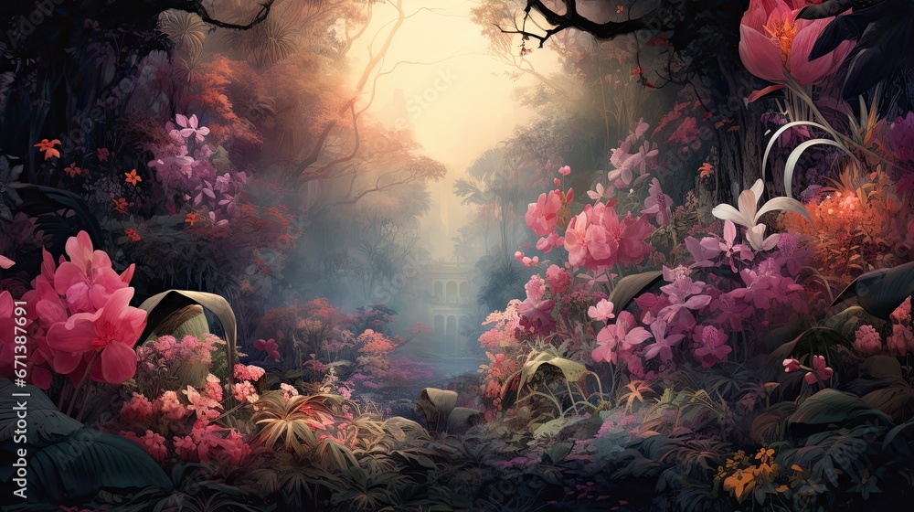 Poster a painting of a forest with lots of flowers and a stream of water in the middle of the picture is a 