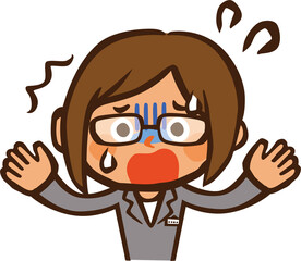メガネをかけた女性が慌てている上半身のイラスト