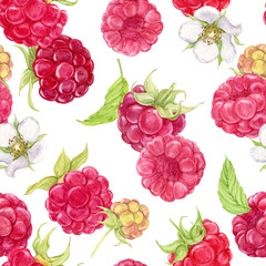 Watercolor raspberries on a transparent background. Seamless background with summer red berries. Illustration for spring cover, textile, background, wedding invitation. Red berries, flowers, leaves.