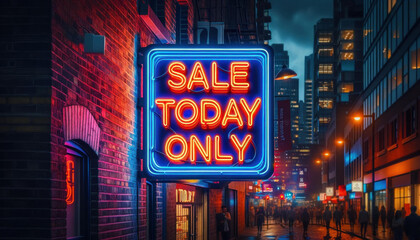 Vibrant Neon Sale Sign in Bustling Urban Evening Setting