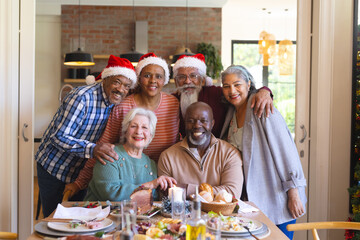 Happy diverse group of senior friends posing to picture at christmas dinner in sunny dining room - Powered by Adobe