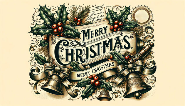Ornate Typography of "Merry Christmas" on Vintage Postcard with Classic Festive Motifs