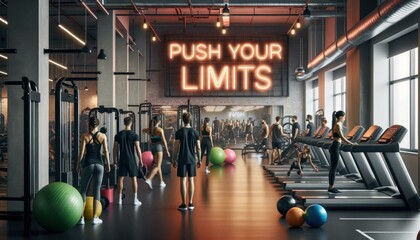 Modern Gym Interior with 'Push Your Limits' Neon Sign and Diverse Gym-goers