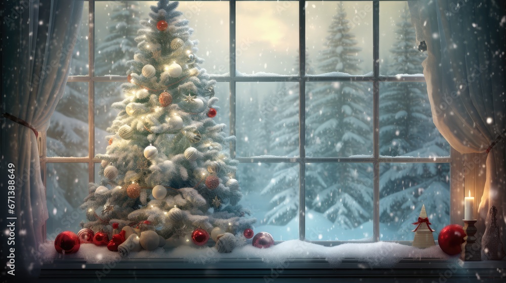 Poster a christmas tree in front of a window with snow falling on the window sill and a lit candle on the w