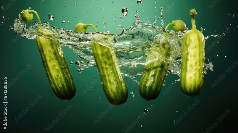 Aufkleber a group of cucumbers with water splashing out of them on a green background with a splash of water o