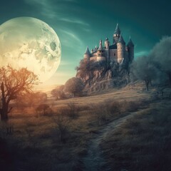 Fantasy landscape with castle on the hill and moon in the sky