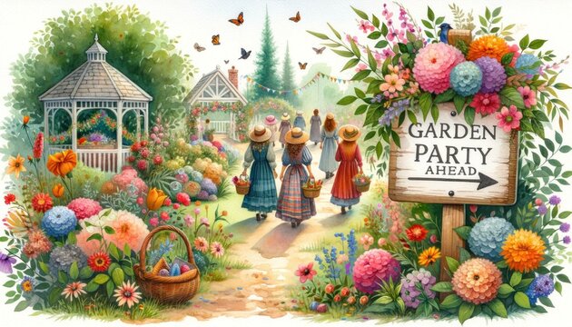 Watercolor Countryside Scene with Floral 'Garden Party Ahead' Sign and People Heading to Gazebo