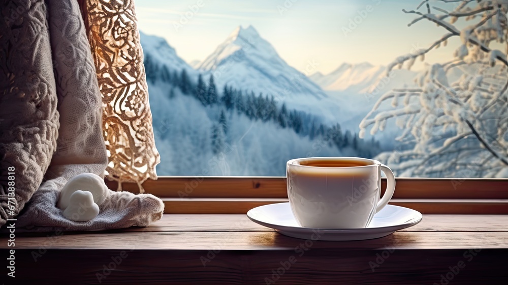 Poster  a cup of coffee on a saucer in front of a window with a view of a snowy mountain range.  generative ai