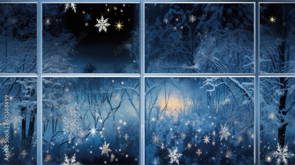Poster a set of four pictures of snowflakes and trees in a snowy forest with a full moon in the sky. genera