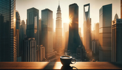 Sunrise Cityscape with "COFFEE" Projected on Building and Sunlit Coffee Cup in Foreground