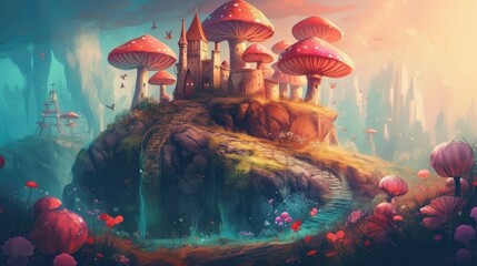 Fantasy landscape with fantasy castle and magic mushrooms